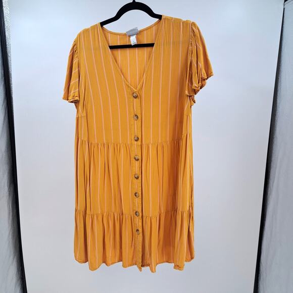 Ava & Viv Dress Plus 0X 14W Button Front Tiered Striped Flutter Sleeve Mustard X - Picture 1 of 7
